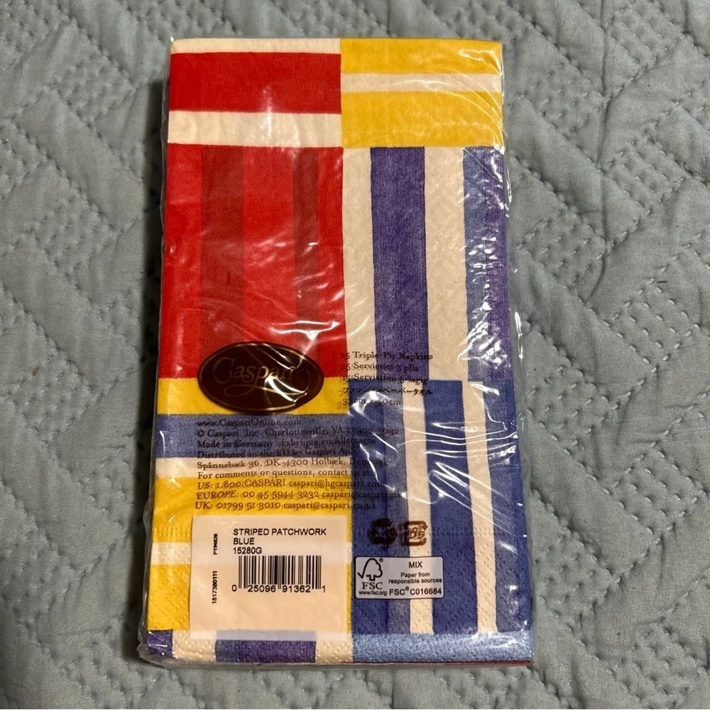 Caspari Striped Patchwork Blue 15 Triple Ply Napkin 33cmx40